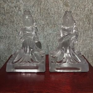 Clear Frosted Glass Bodhisattva Sculptures - Pair